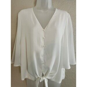 Kancy New Womens Tie Bottom White Flowy Blouse Top Bell Sleeves Medium